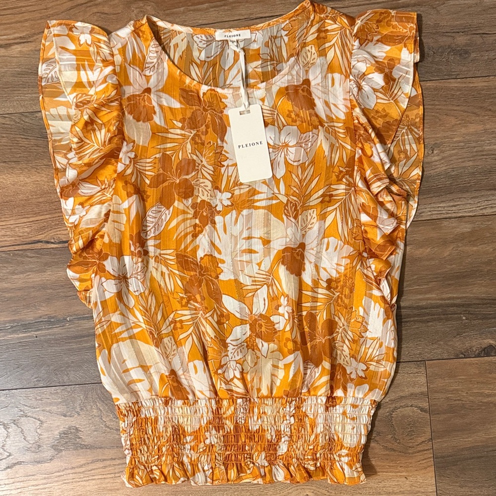 Pleione Size Medium Orange and White Silky Flutter Blouse Gold Accents NWT